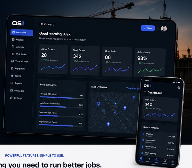 OS1 dashboard displayed on desktop and mobile devices